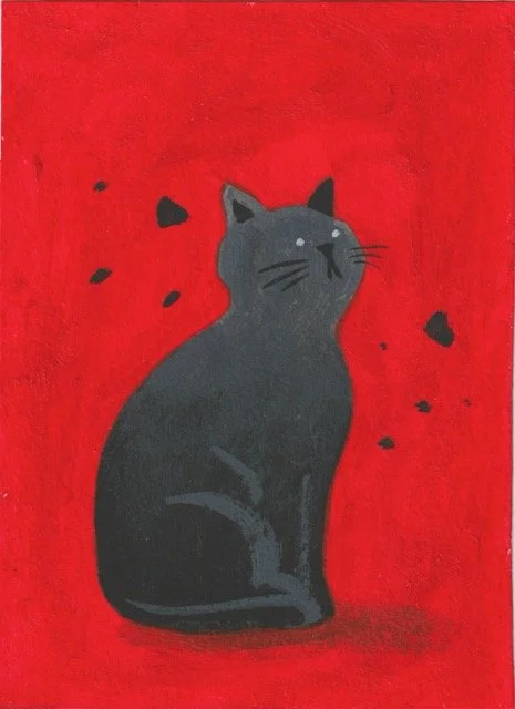 Black cat sitting calmly against a textured red background, painted in a simple, minimalist style with soft brushstrokes.