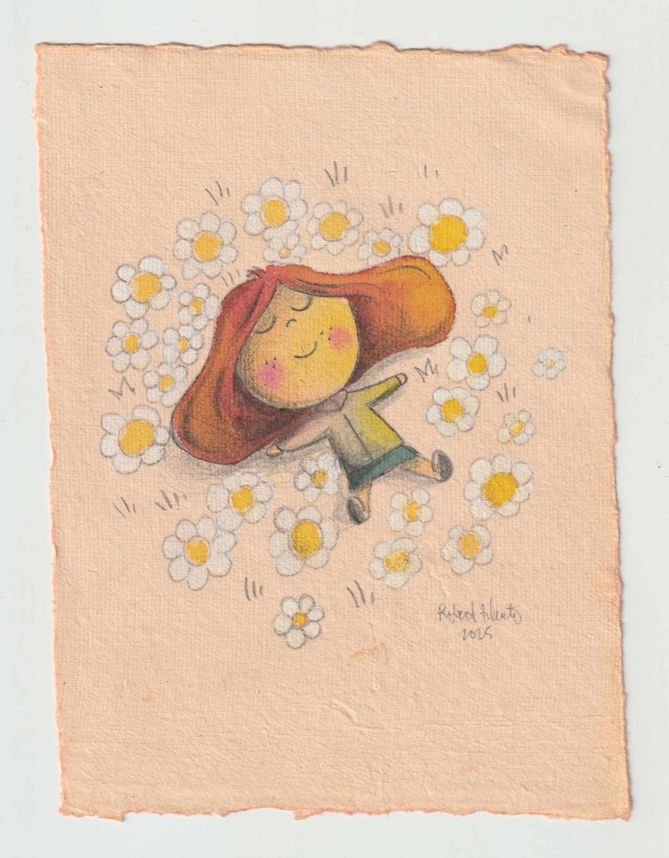 Watercolor and graphite illustration of a child lying among blooming daisies.