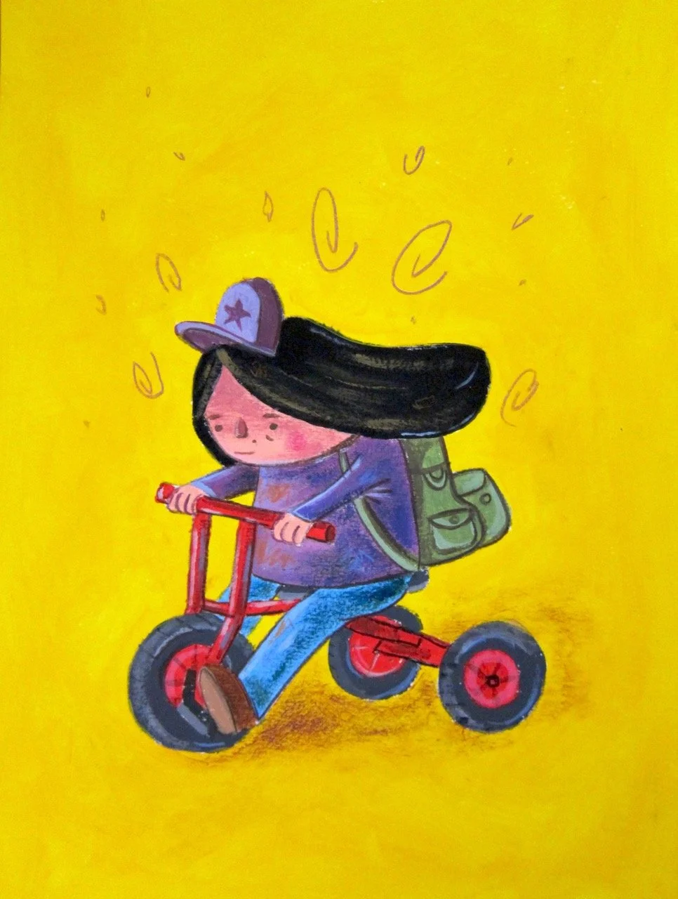 Illustration of a girl riding a red tricycle with a backpack against a bright yellow background.