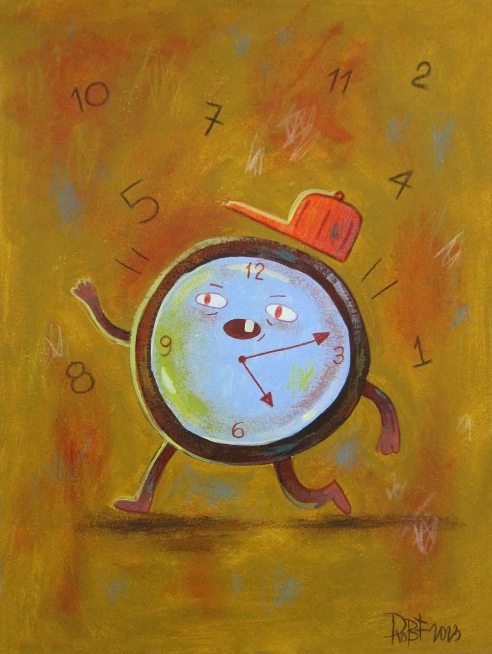 Illustration of a cartoon clock walking with arms and legs.