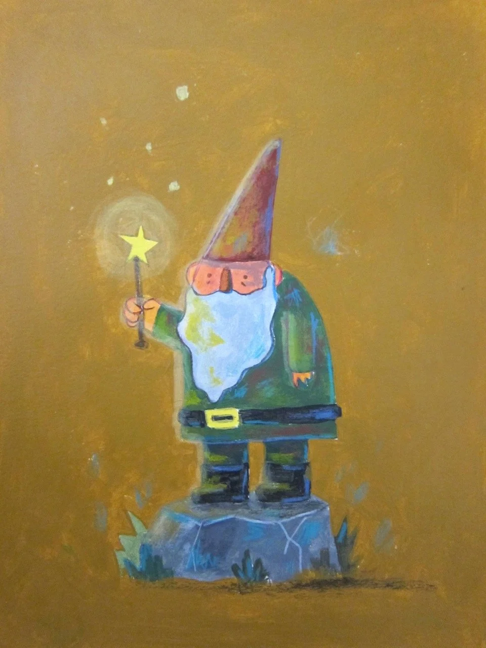 A quiet, gnome stands atop a small stone, holding a glowing star wand against a warm, golden sky.