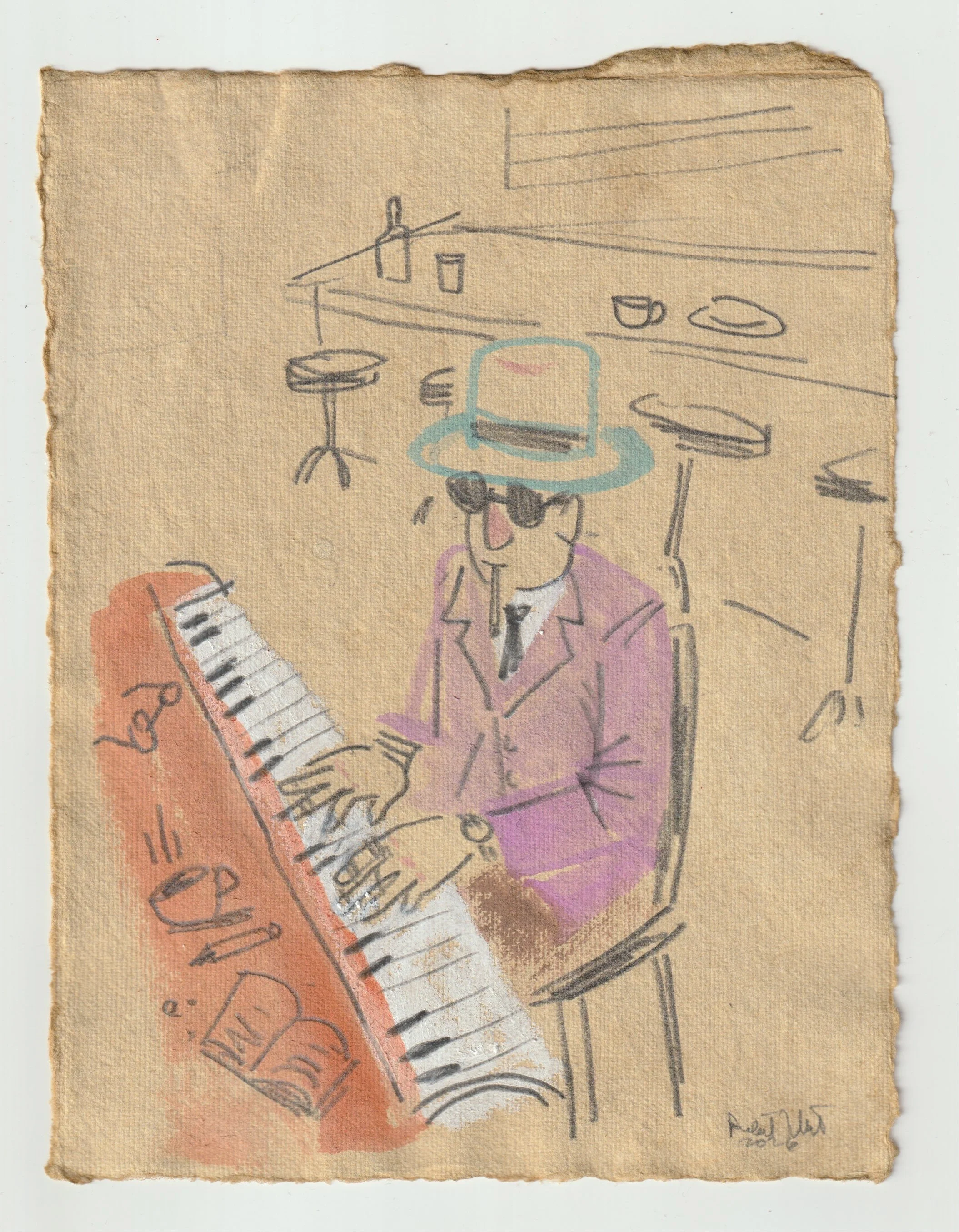 Original Jazz Pianist Mixed Media Drawing. 6"X8" on paper. Signed on front.