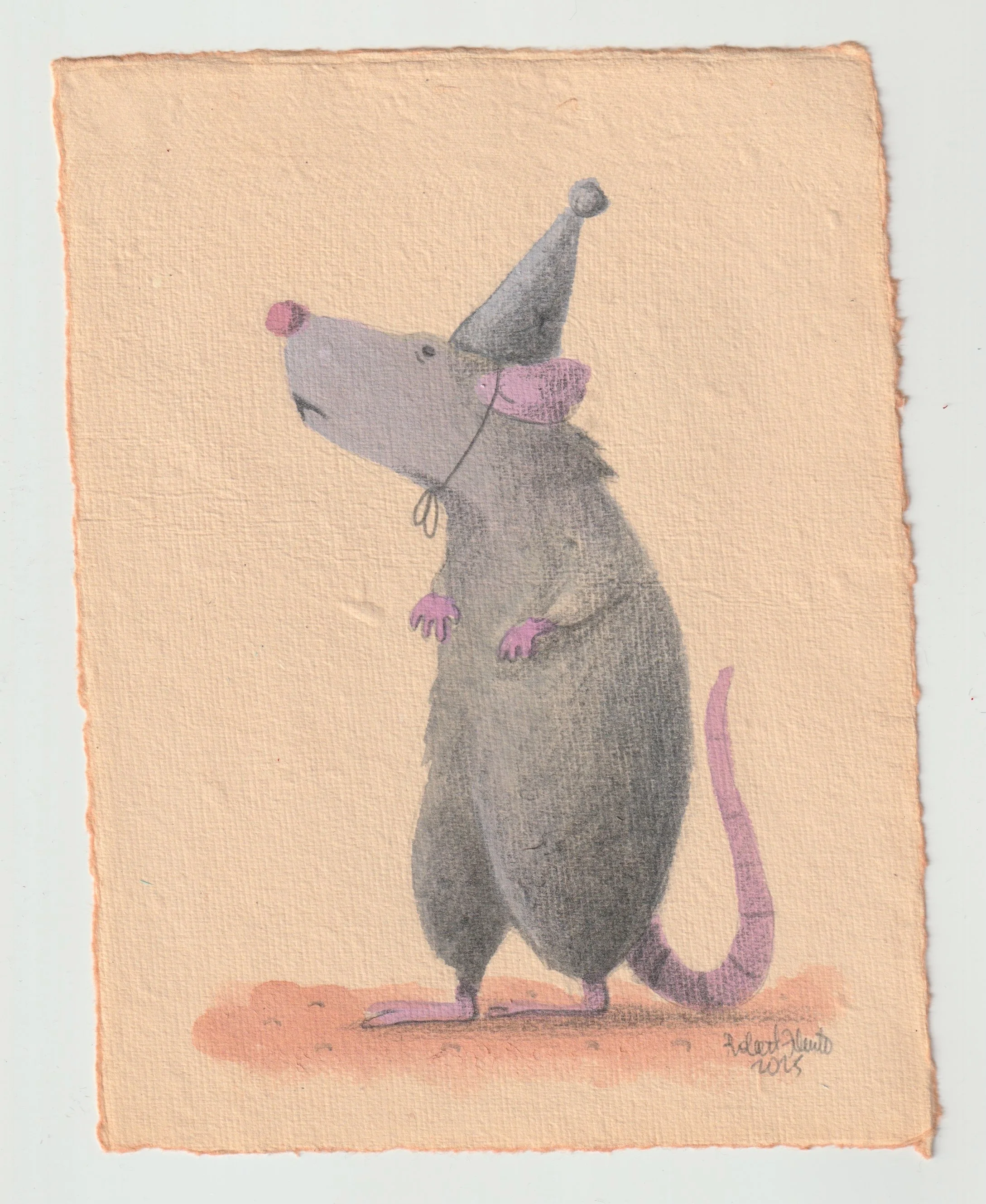 Watercolor and graphite mouse wearing a party hat.