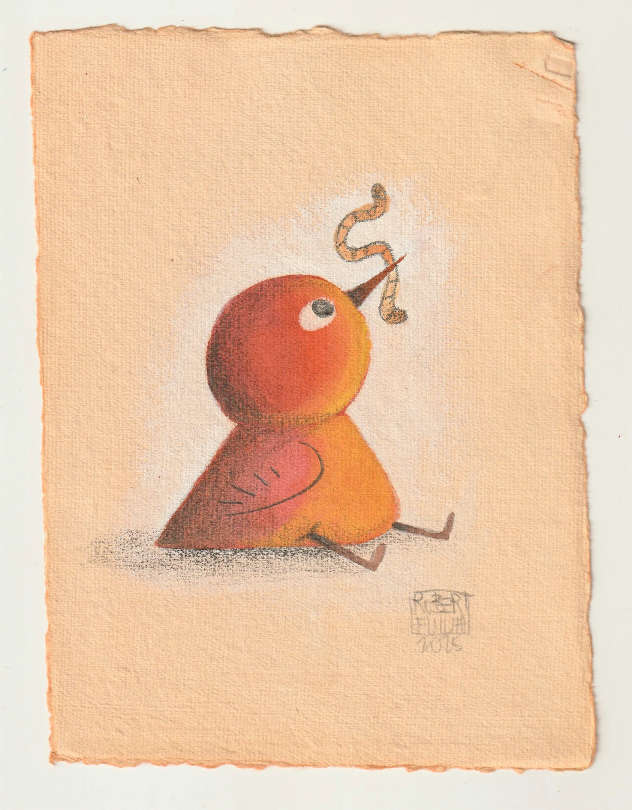 Storybook-style watercolor illustration of a small bird enjoying a worm in a playful, gentle scene.