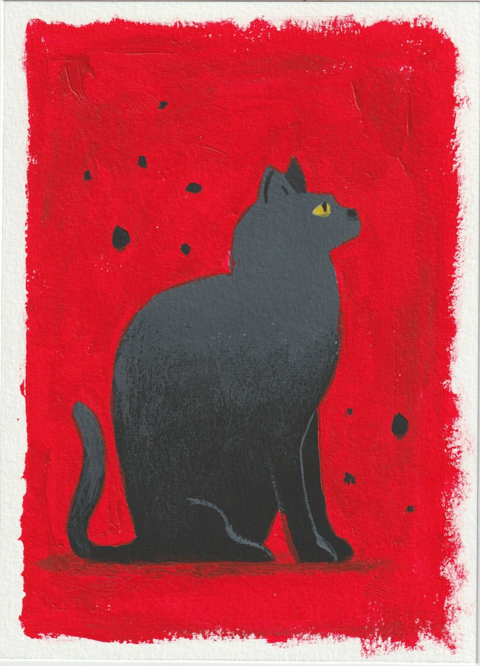 Acrylic painting of a black cat sitting against a bold red background