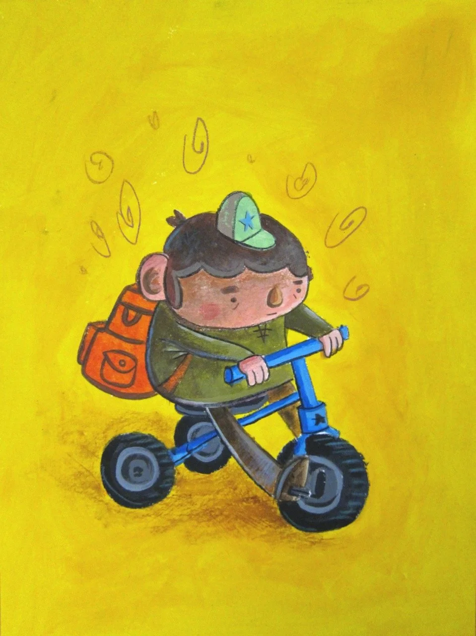 painting of a child riding a blue tricycle with a backpack, set against a bright yellow background in a playful children’s illustration style.