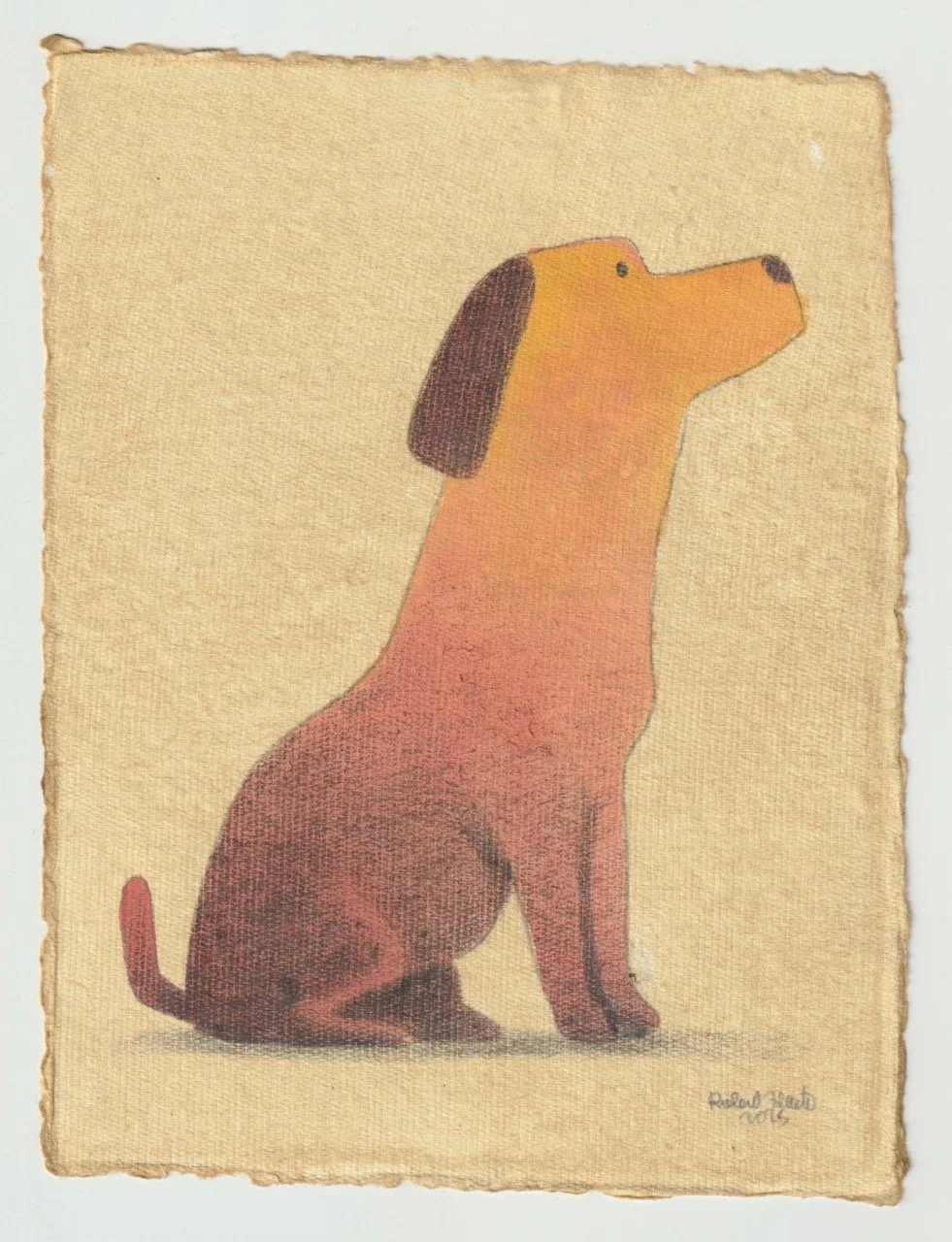 watercolor illustration of a sitting red dog with dark ears, painted in a soft children’s-book style on textured paper.