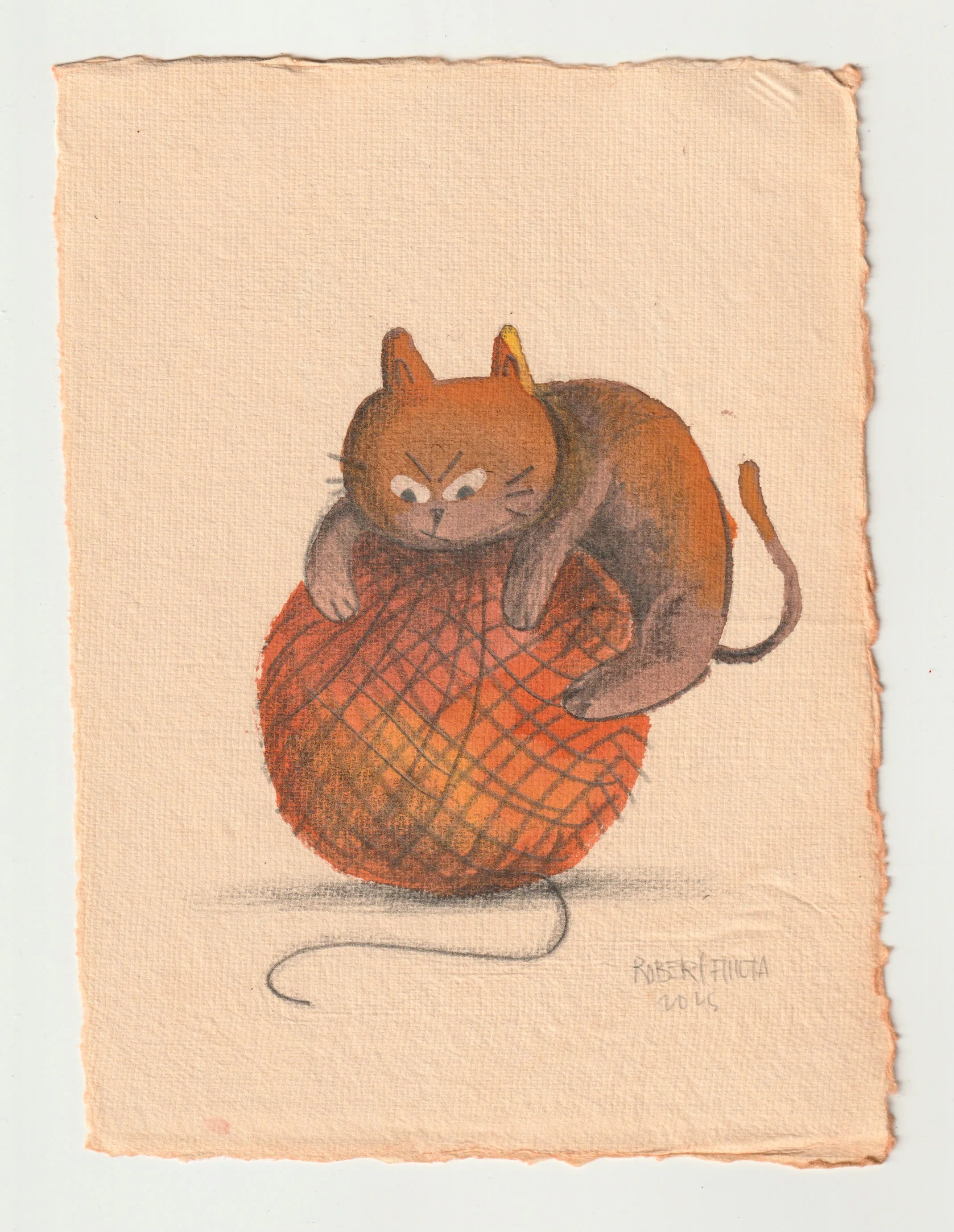 Whimsical watercolor and graphite illustration of a cat hugging a large ball of yarn on textured paper.