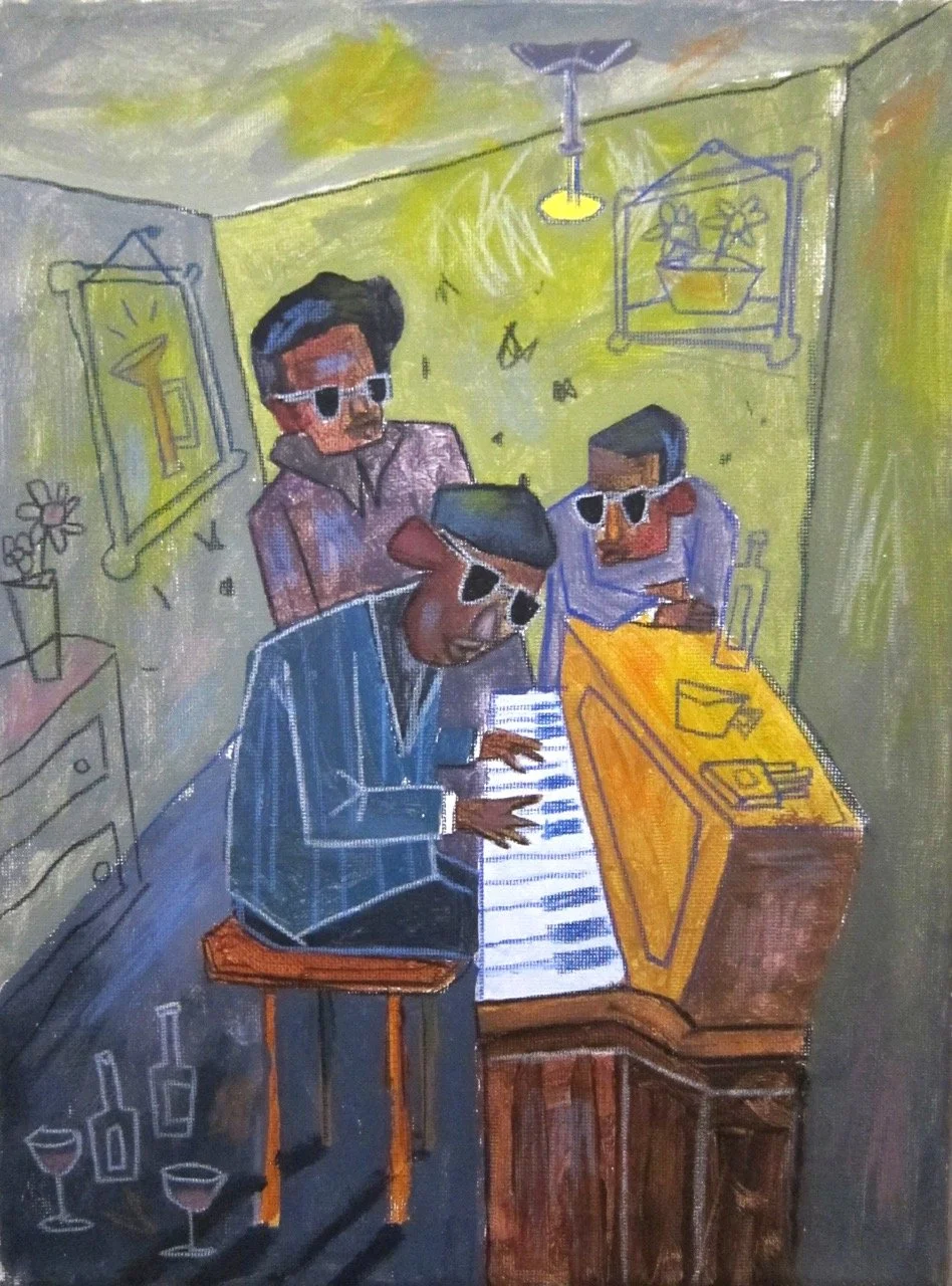 Expressionist-style illustration of three jazz musicians gathered around an upright piano during a late-night jam in a dimly lit room.