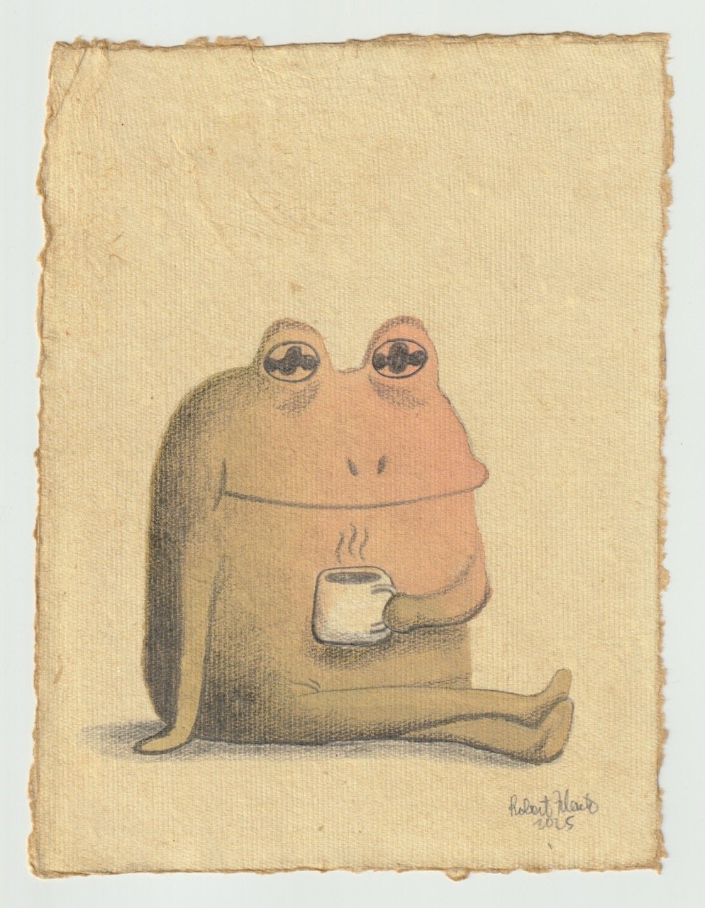 A watercolor painting of a relaxed frog sitting on the ground, holding a steaming cup of coffee, rendered in soft earthy tones on textured handmade paper.