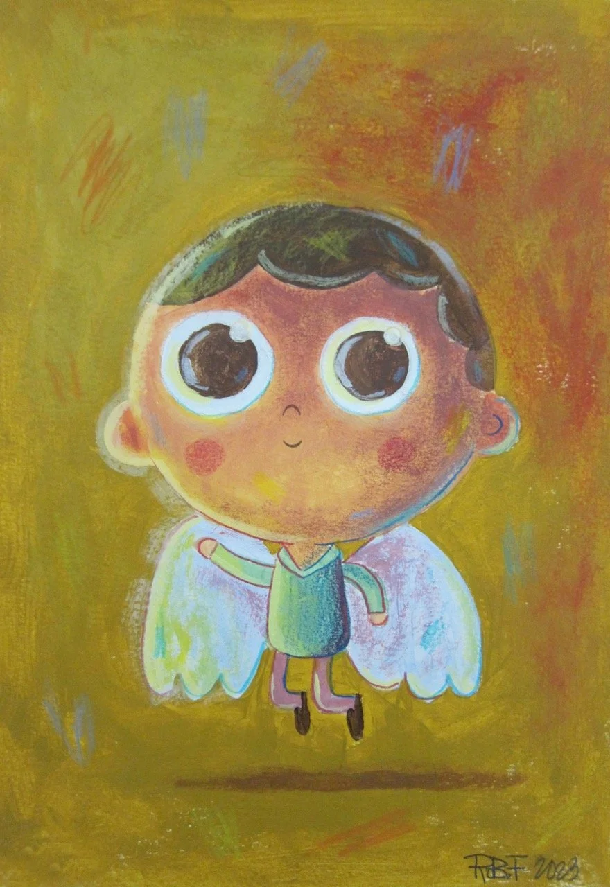 A painting of a wide-eyed angel child with small white wings, floating against a warm golden background, rendered in soft pastel and playful brushstrokes.