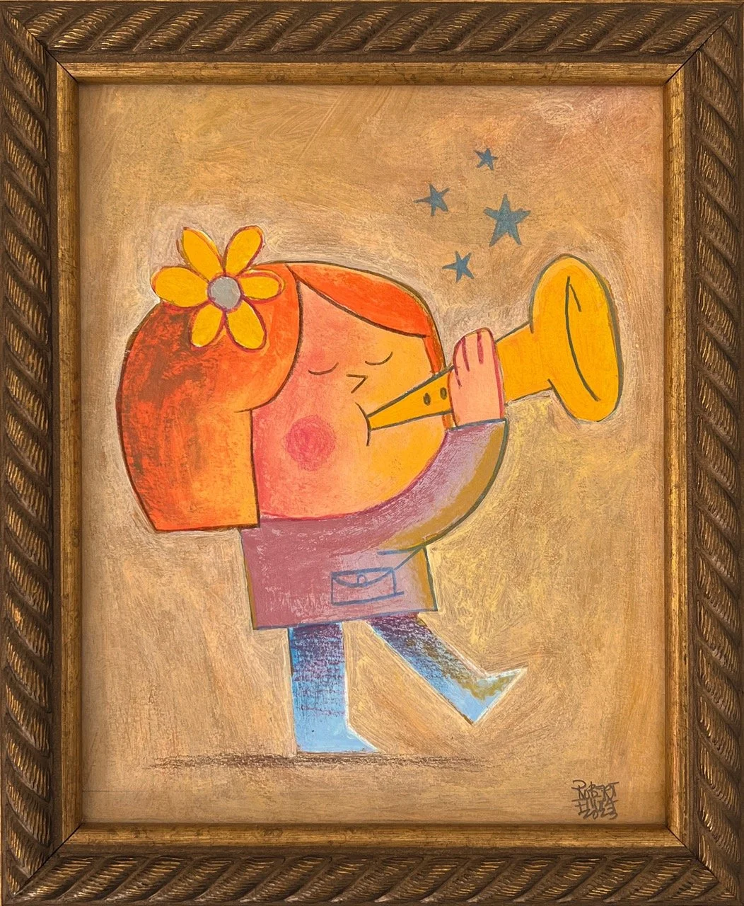A child plays a trumpet as stars float above, painted in warm tones in a whimsical children’s book style