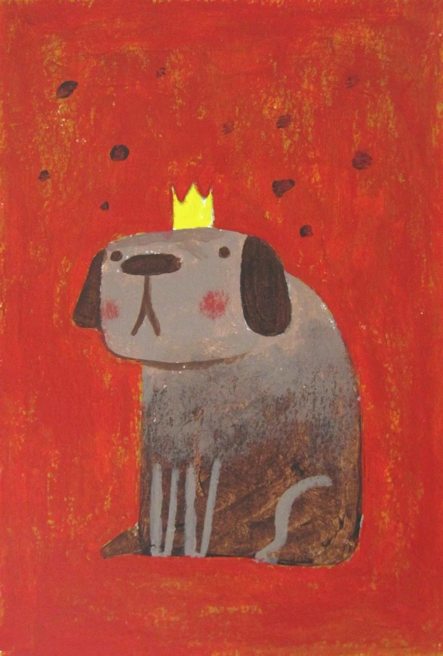 Whimsical acrylic painting of a dog wearing a small crown against a red background