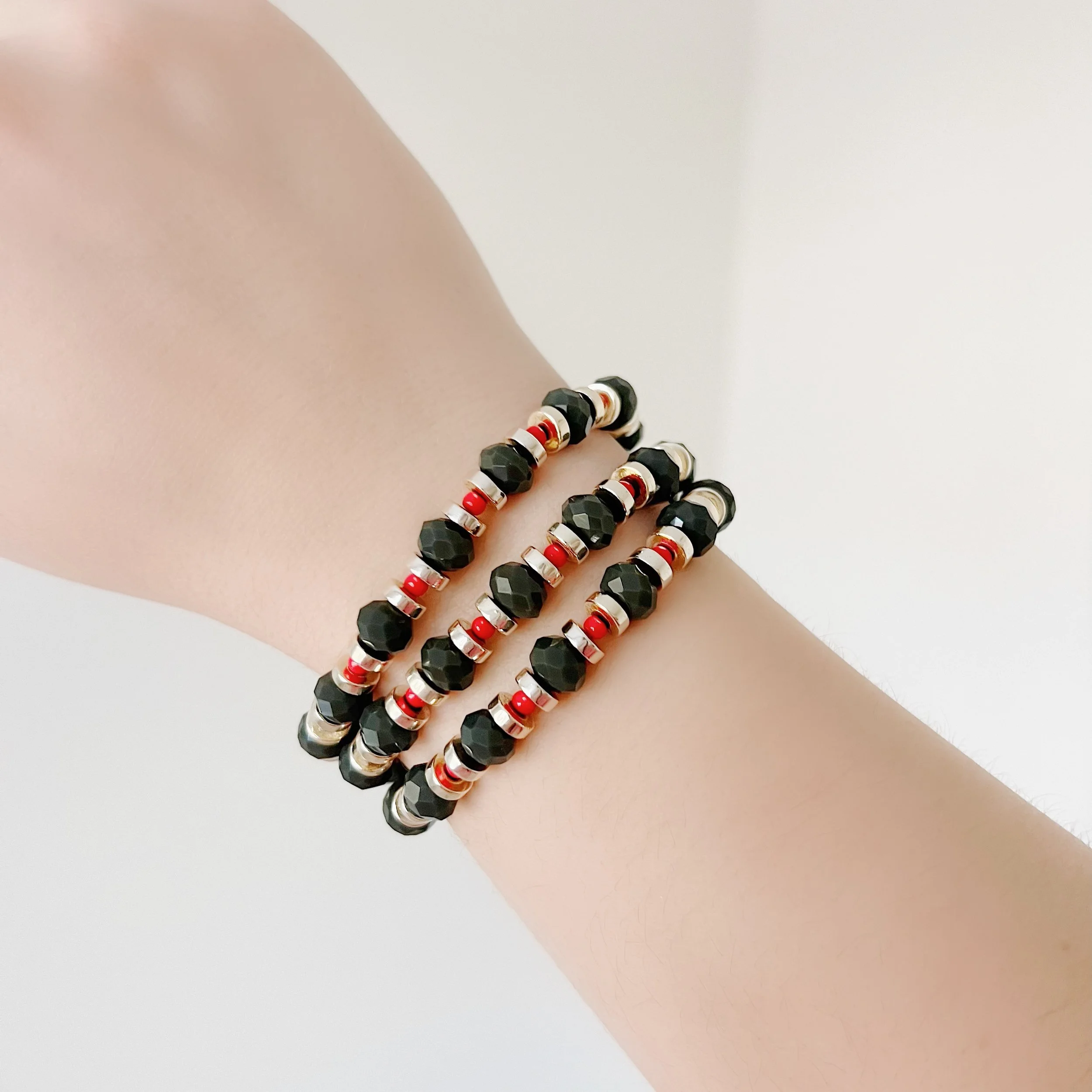 Dark Green + Red Beaded Bracelet