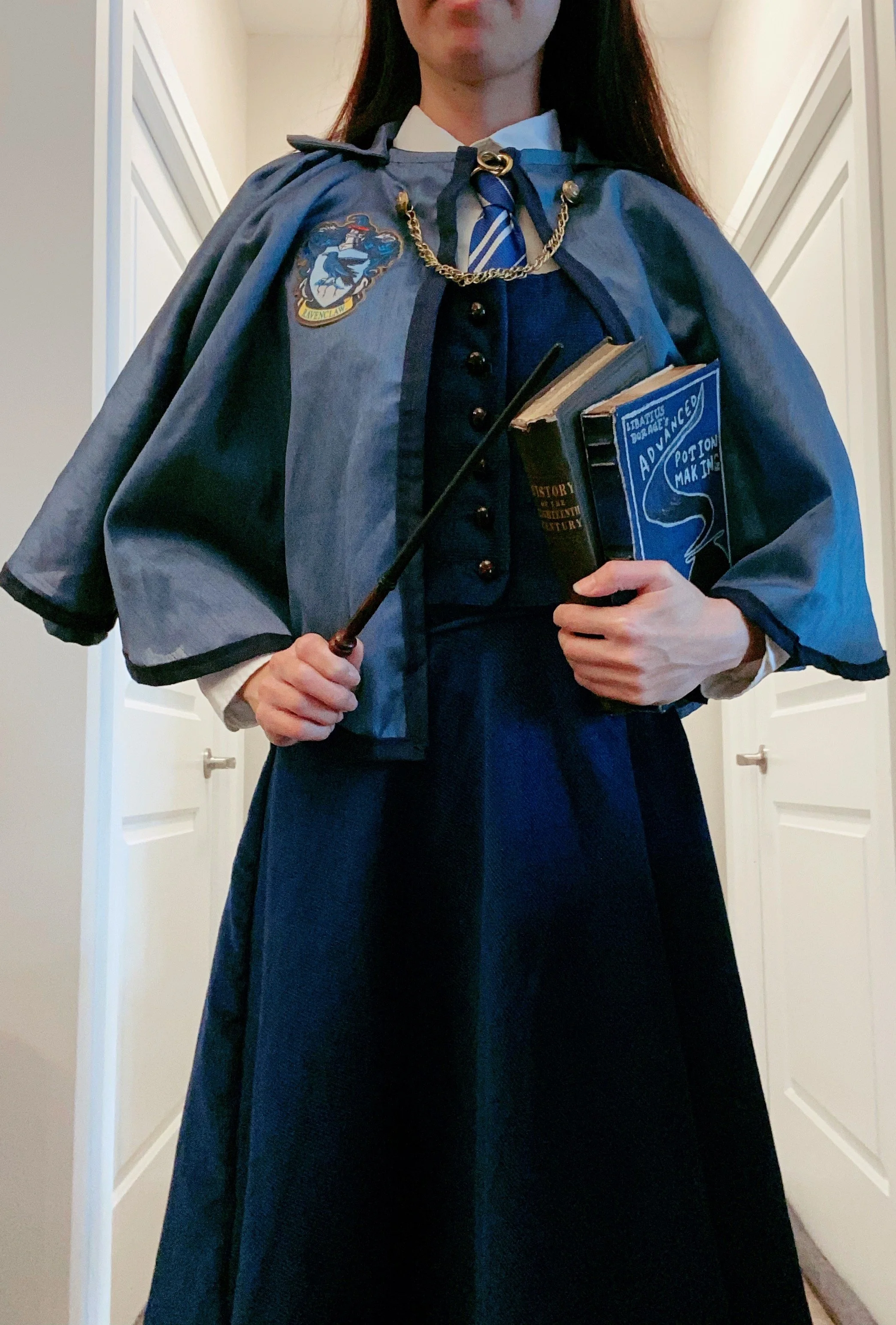 1930's inspired Ravenclaw uniform - thrifted curtain, fabric, findings. Textbook recreated. 