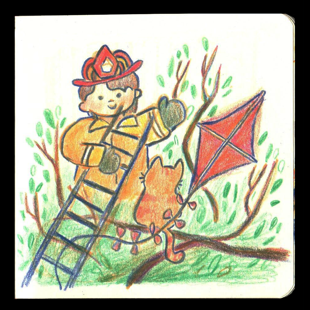 2. KITE // For this drawing I thought about how kites and other things get stuck in trees and how firemen go and save them. I was traveling to Michigan this weekend, so I could only bring a handful of supplies. While packing, I forgot to pack a brown