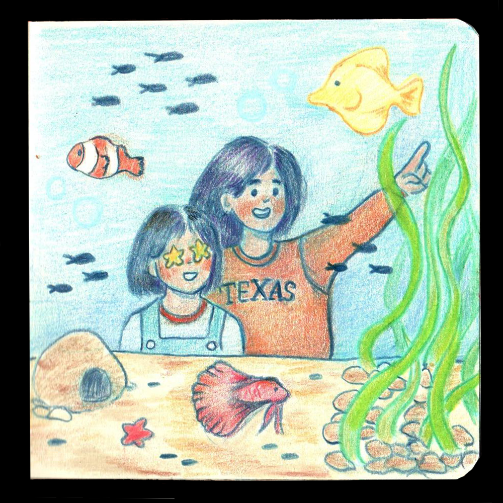 15. AQUARIUM // I wanted to draw a mother and daughter visiting the aquarium and gawking at all the different sea creatures- it ended up looking like sisters so I had to make the older one rep my alma mater UT Austin