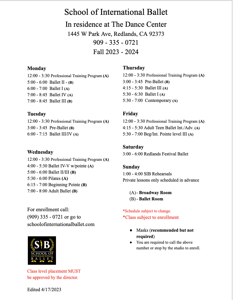 Check out the New Schedules! — School of International Ballet