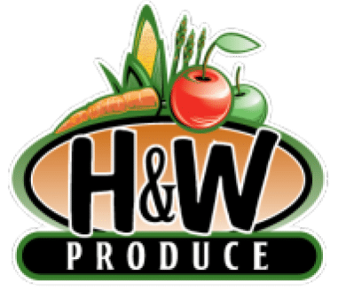 H&W Produce logo featuring a carrot, apple, and lettuce.