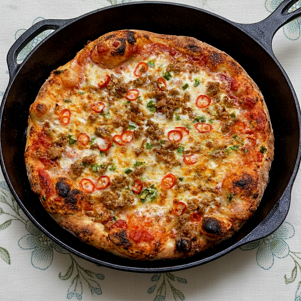 A pizza with cheese, sausage, and sliced red chili peppers in a black cast iron skillet.