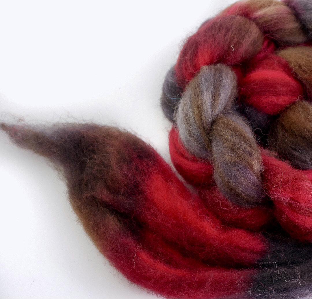 spinner fiber, spinner fibre, tops, shetland, red, brown, black, (Copy)