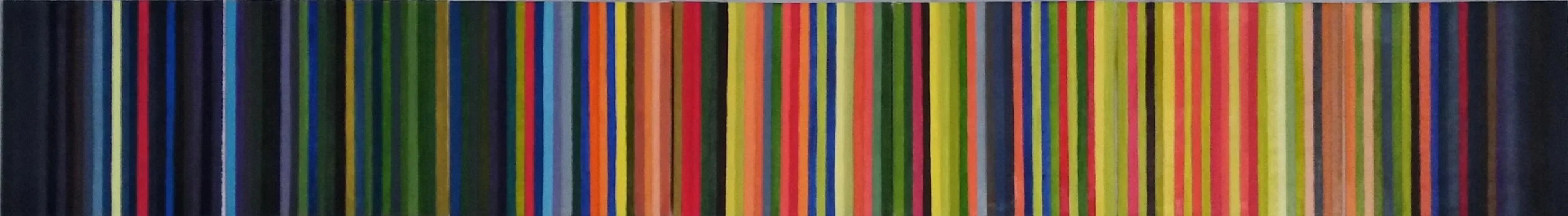 The Working Week.  $1,200.  Oil on seven canvases.  Signed on the back and ready to hang.  Each canvas is 8" square and 1.5" deep (20.5 cm square).  When hung as shown the final piece is 8" x 56.5" (20.5cm x 144cm)