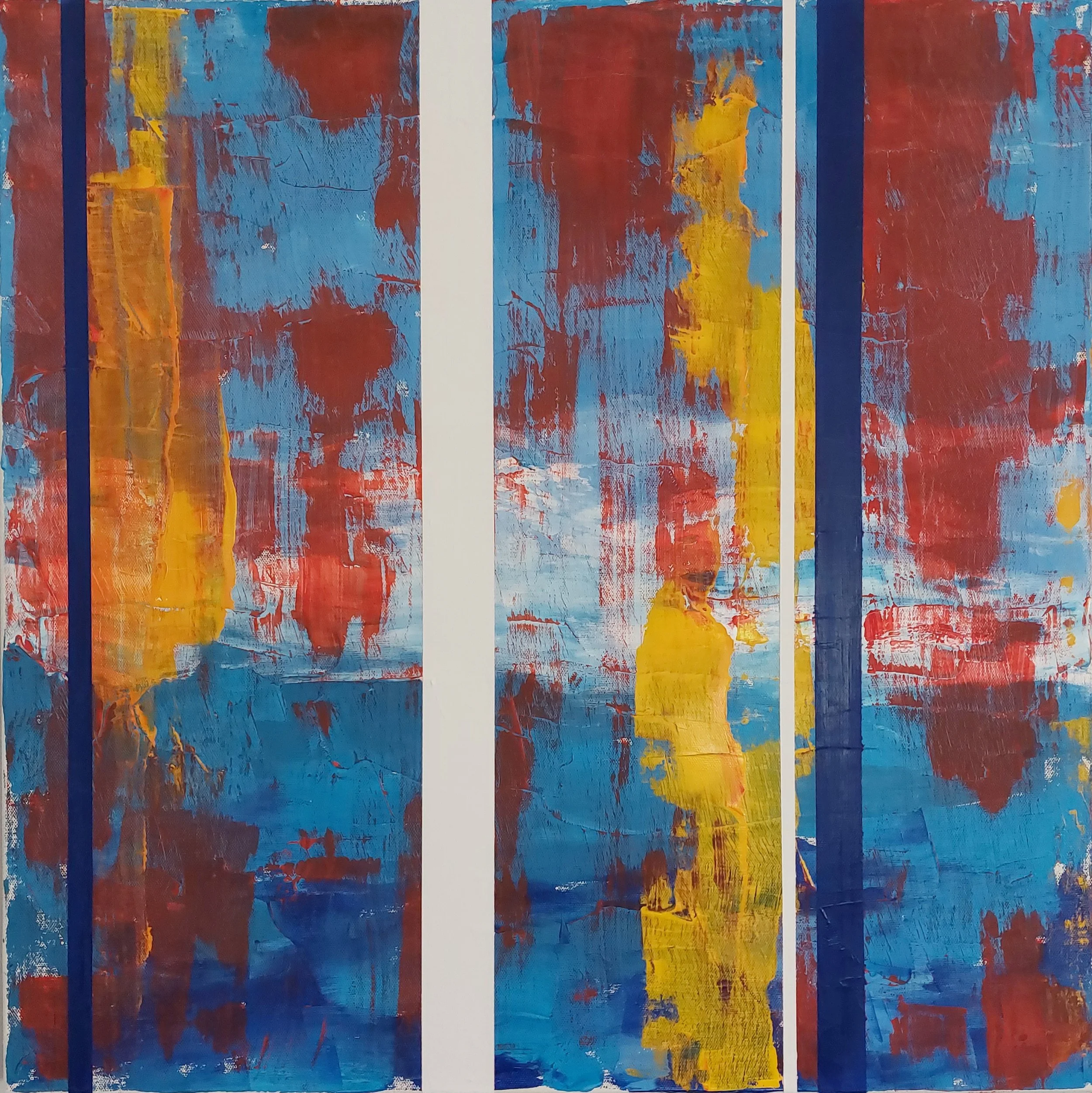 Blue Yellow Red White.  $1800.  
Oil on Canvas, 24" square (61cm), signed on back and ready to hang