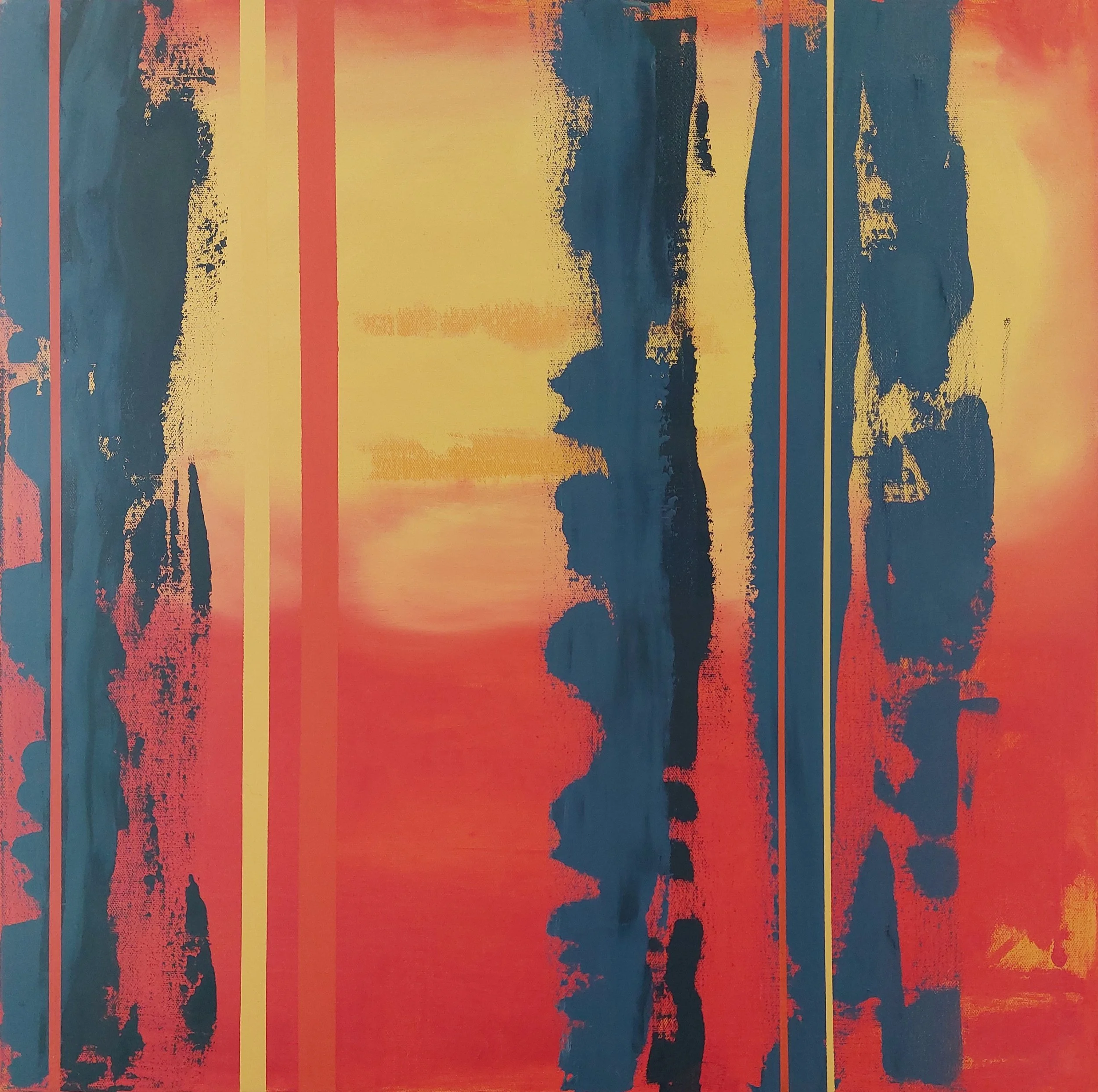 Orange Yellow Blue.  $1800.  
Oil on Canvas, 24" square (61cm), signed on back and ready to hang