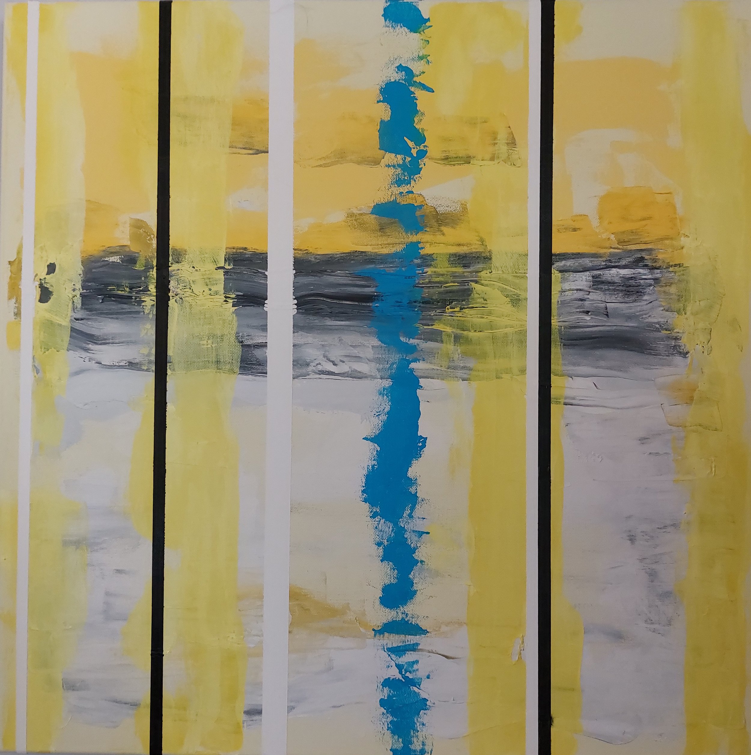 Yellow White Black Blue.  $1800.  
Oil on Canvas, 24" square (61cm), signed on back and ready to hang