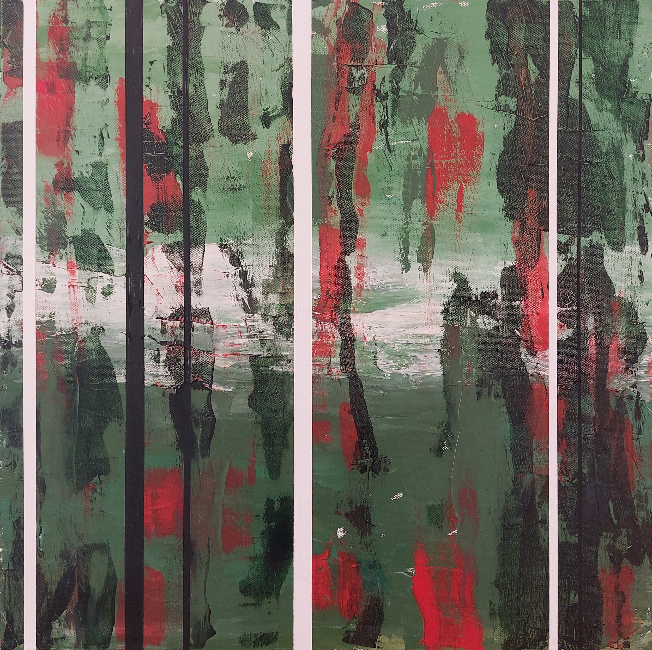 Green Red White.  $1800.  
Oil on Canvas, 24" square (61cm), signed on back and ready to hang