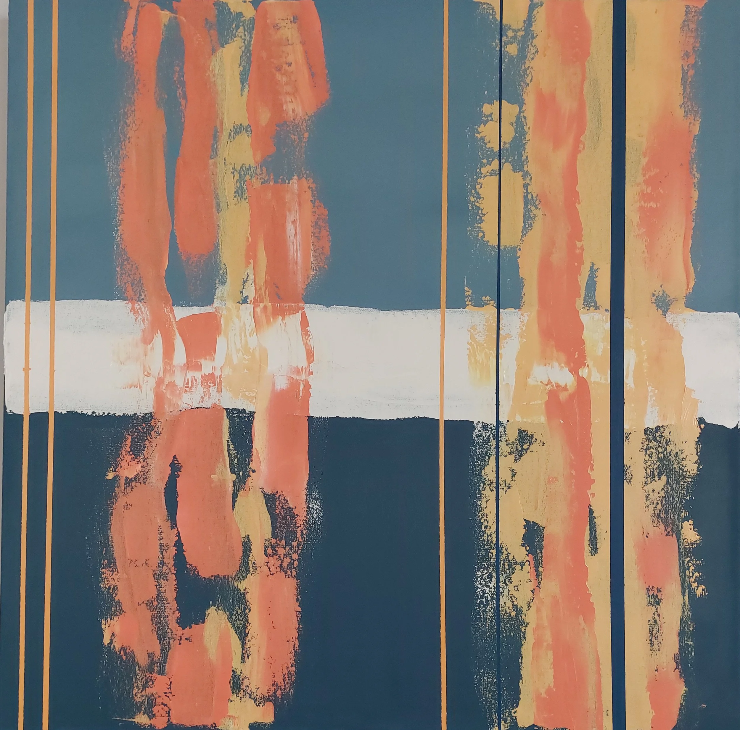 Blue White Orange.  $1800.  
Oil on Canvas, 24" square (61cm), signed on back and ready to hang