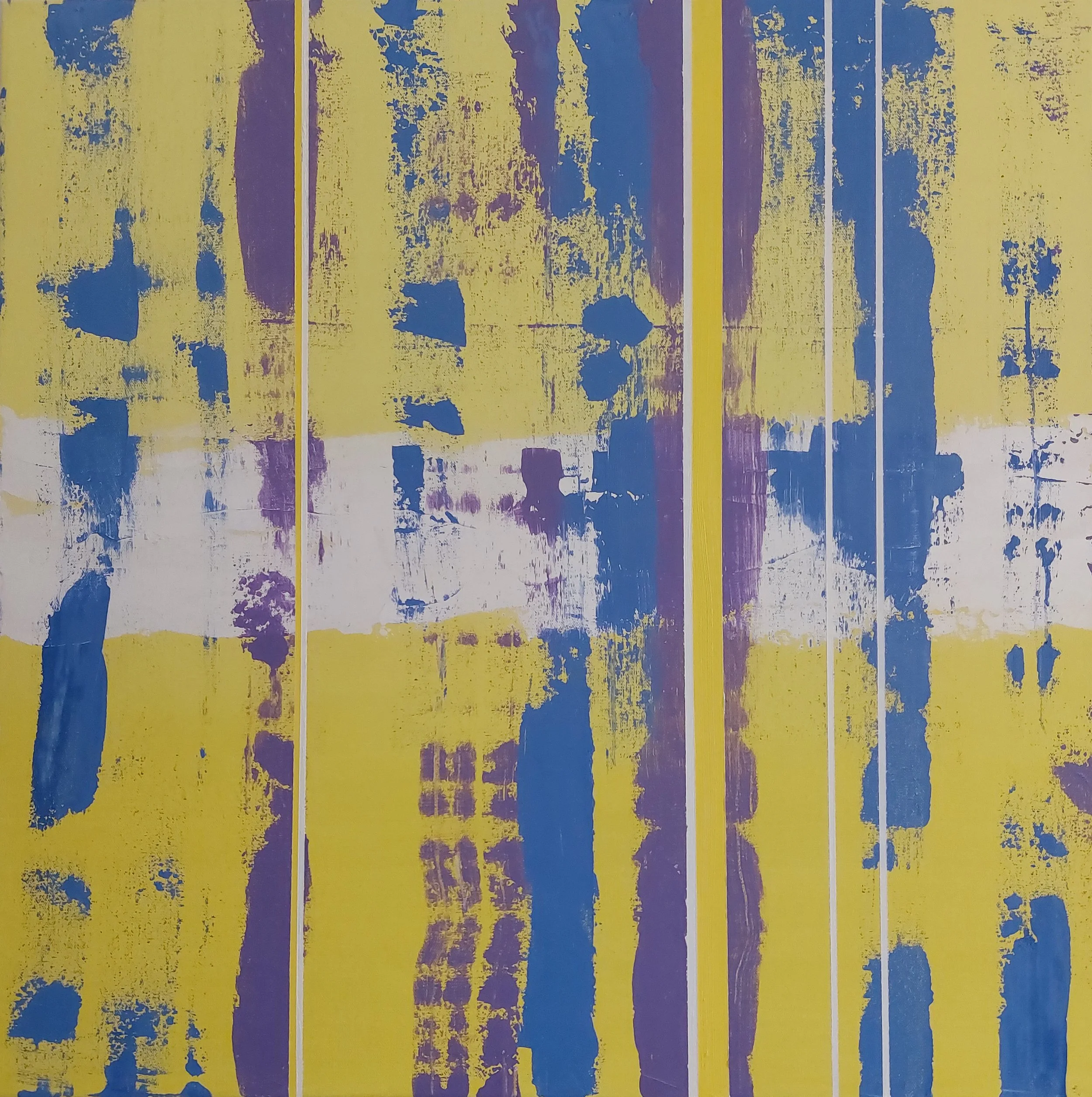 Yellow Blue White.  $1800.  
Oil on Canvas, 24" square (61cm), signed on back and ready to hang