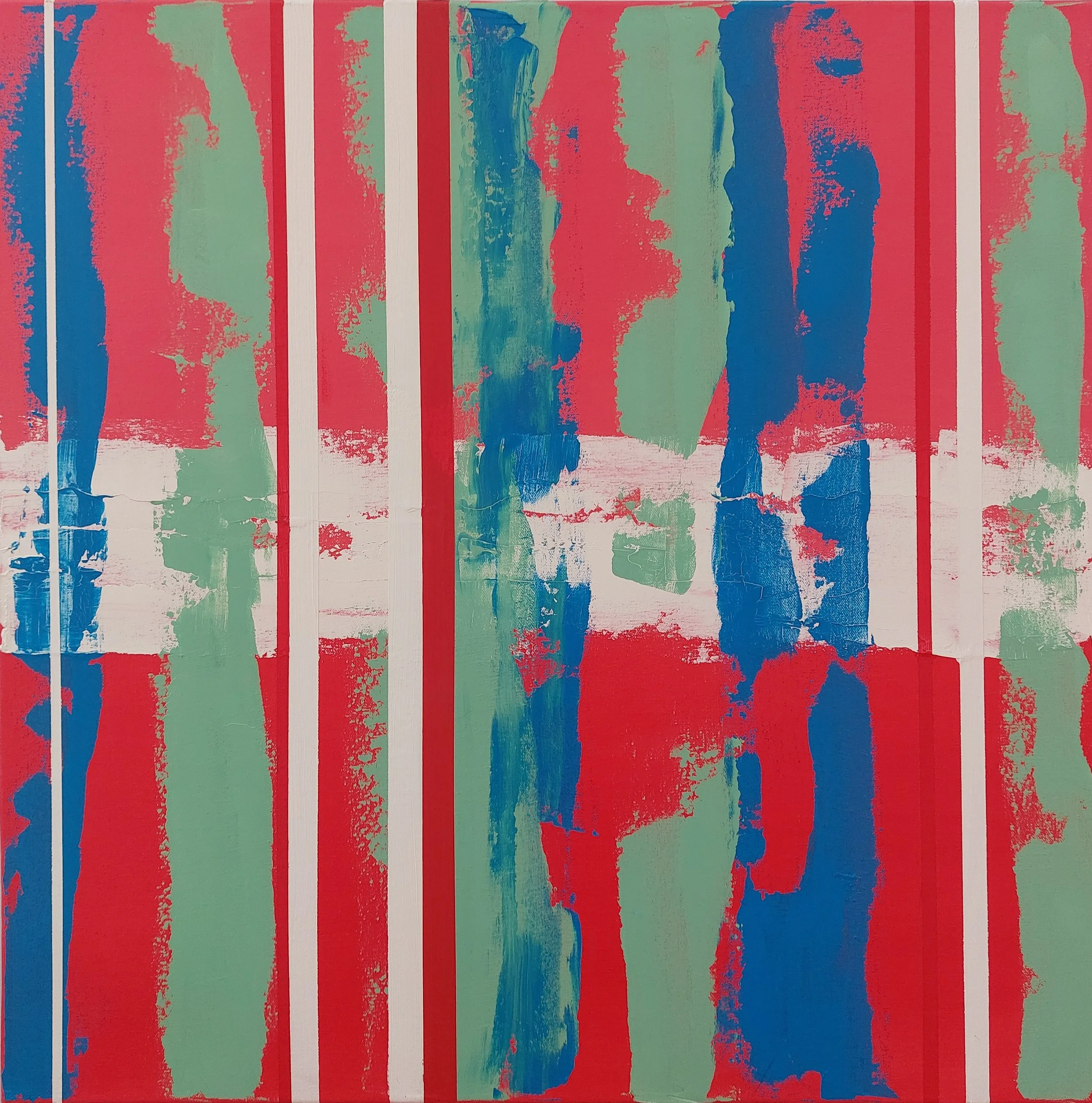 Red Blue Green White.  $1800.  
Oil on Canvas, 24" square (61cm), signed on back and ready to hang