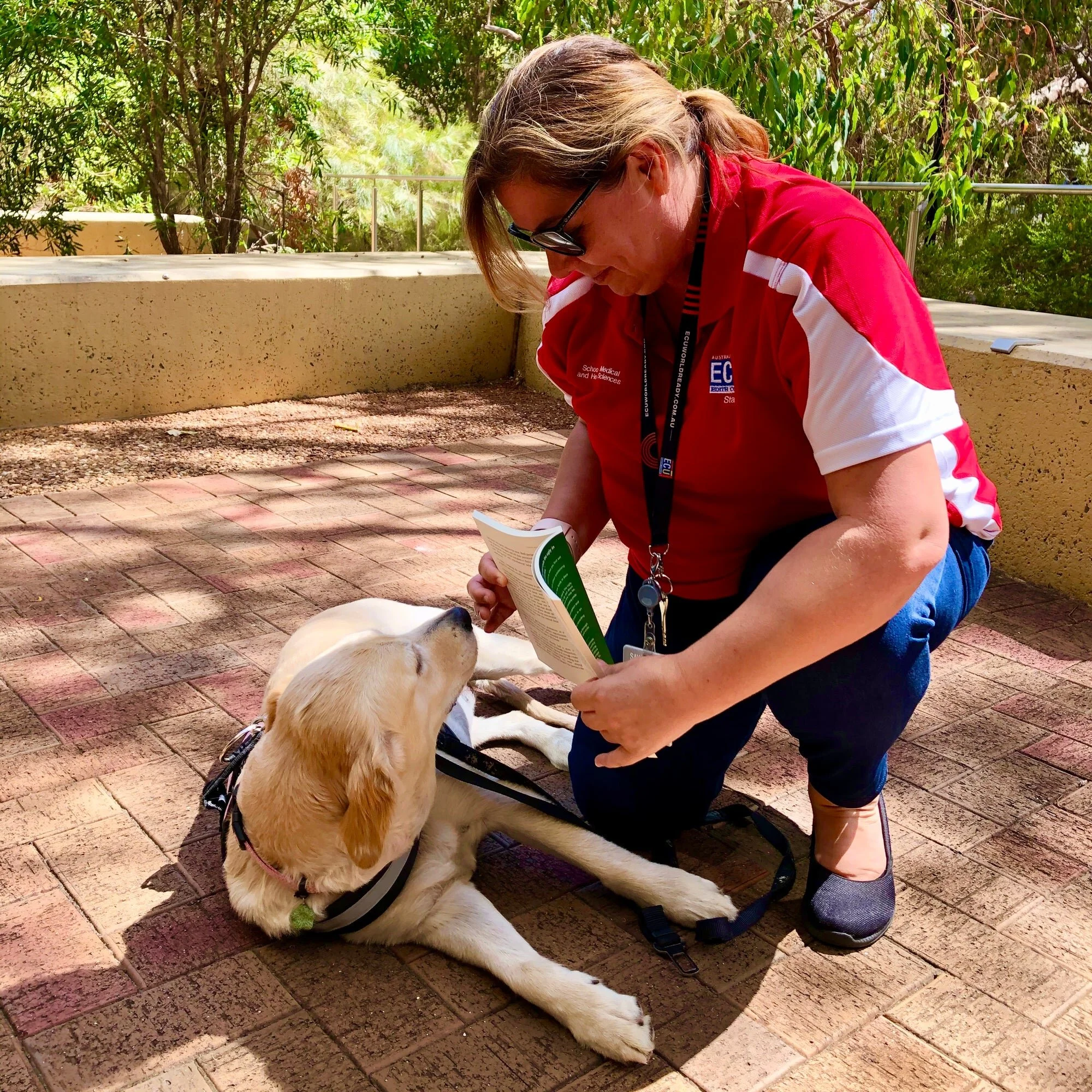 Edith Cowan University's wellness dog Jess reading with Lisa at the Joondalup campus