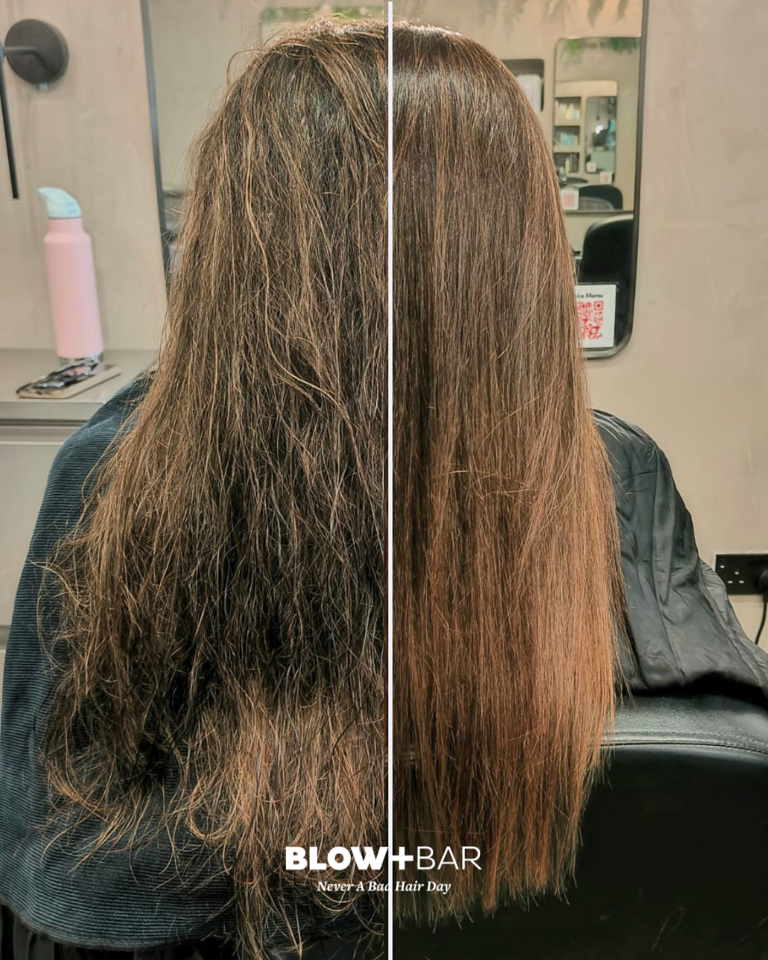 Before: frizzy and damaged → After: smooth and silky