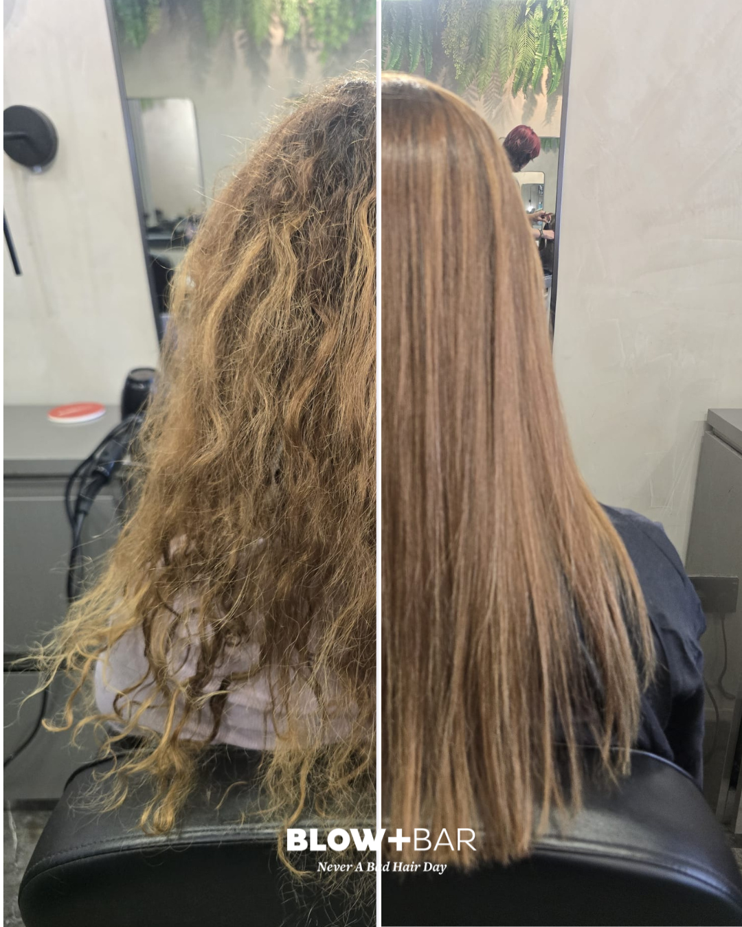 Before: frizzy and unmanageable  → After: smooth and shiny