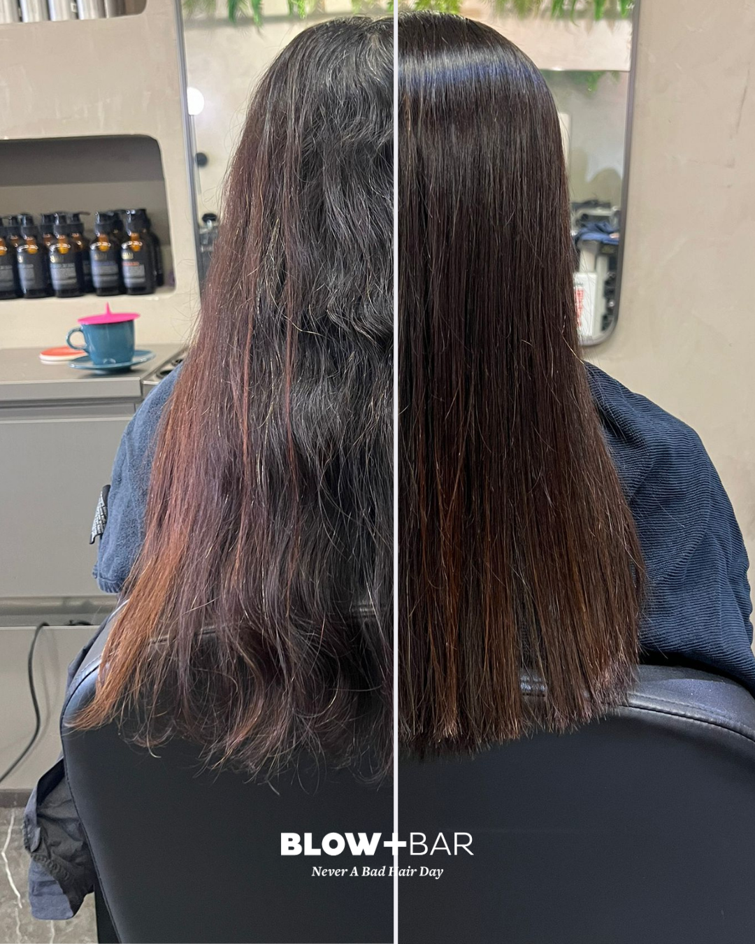 Before: frizzy and dry → After: smooth and controlled