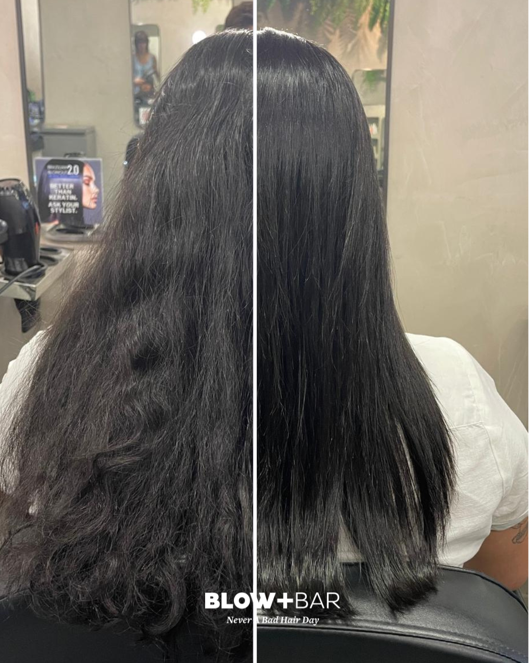Before: frizzy and dry → After: smooth and shiny