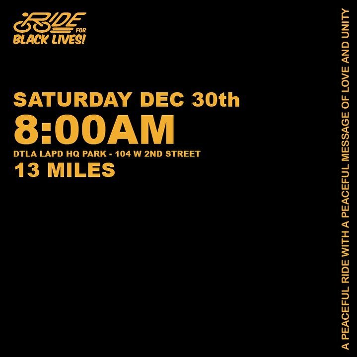 A peaceful ride with a peaceful message of love and unity&hellip; one last ride ✊🏽🚲🙏🏽🖤 

SAT DEC 30th
DTLA route 
7:45am Meet 
8:00am ride

NO DROP

Bring a friend, bring a helmet, and bring some love. 

Check your tires and bike function prior 