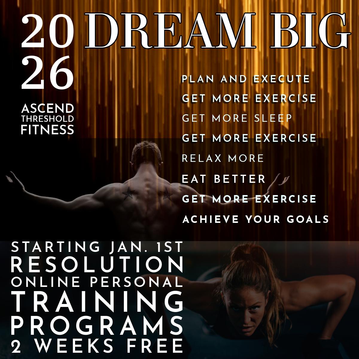 Fitness promotional poster with a man with outstretched arms and a woman in a push-up position, advertising a personal training program starting January 1st, emphasizing goals like exercise, sleep, relaxation, and healthy eating.