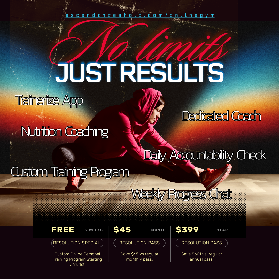 Promotion for a fitness program with the slogan 'No limits, just results.' Features include trainerize app, dedicated coach, nutrition coaching, daily accountability check, custom training program, and weekly progress chat. Pricing options listed: free 2-week resolution special, $45/month resolution pass, and $399/year resolution pass.