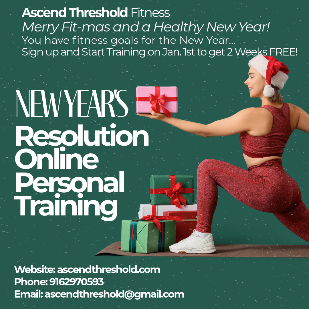 A woman in red workout clothing and a Santa hat performs a lunge exercise on a yoga mat, holding a pink gift box with a red ribbon. There are stacked wrapped Christmas presents next to her, on a green background with snow falling.