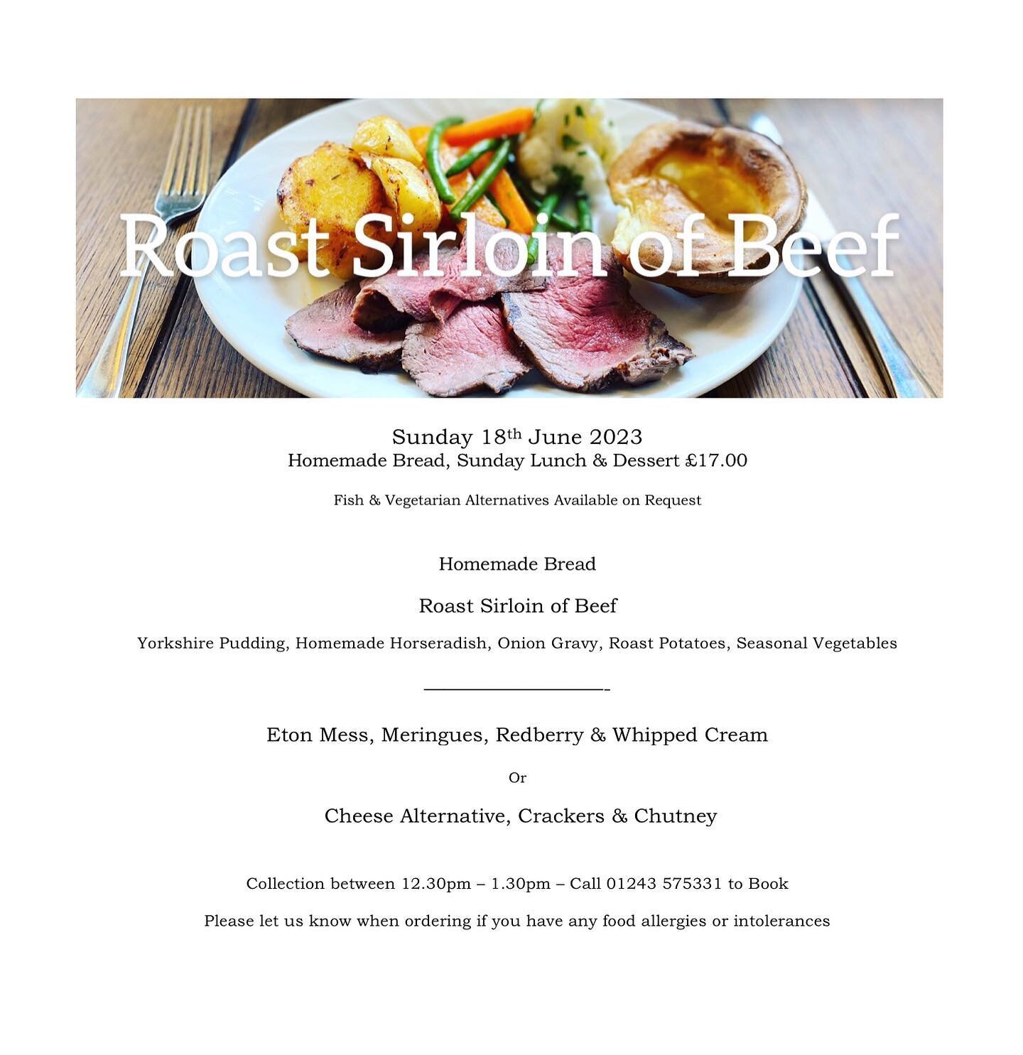 Sunday 18th June 2023 - Father&rsquo;s Day Take Away Lunch 🍴 Beef is BACK 🙌🏽 and we have you covered this Father&rsquo;s Day - enjoy our two-course Sunday lunch in the comfort of your own home ☀️ 
.
🌱 fish &amp; vegetarian alternative available 

