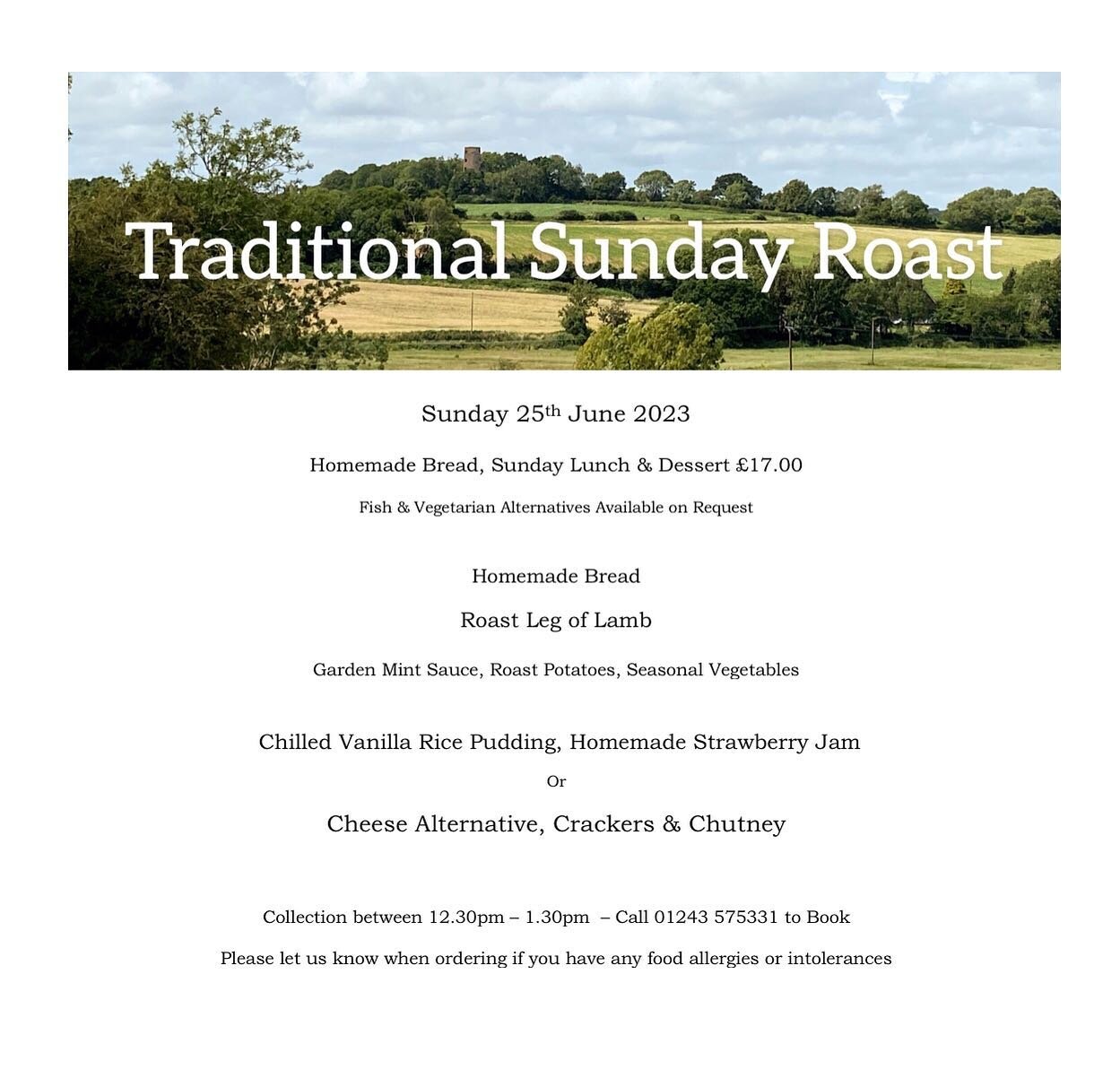 Sunday 25th June 2023 - Take Away Lunch 🍴 we are keeping it traditional with our Roast Leg of Lamb, a no fuss family favourite 🌤 the perfect pud for a lazy Sunday lunch &amp; a much loved dessert by lots of you 🍓 our Vanilla Rice Pudding 
.
🌱 fis