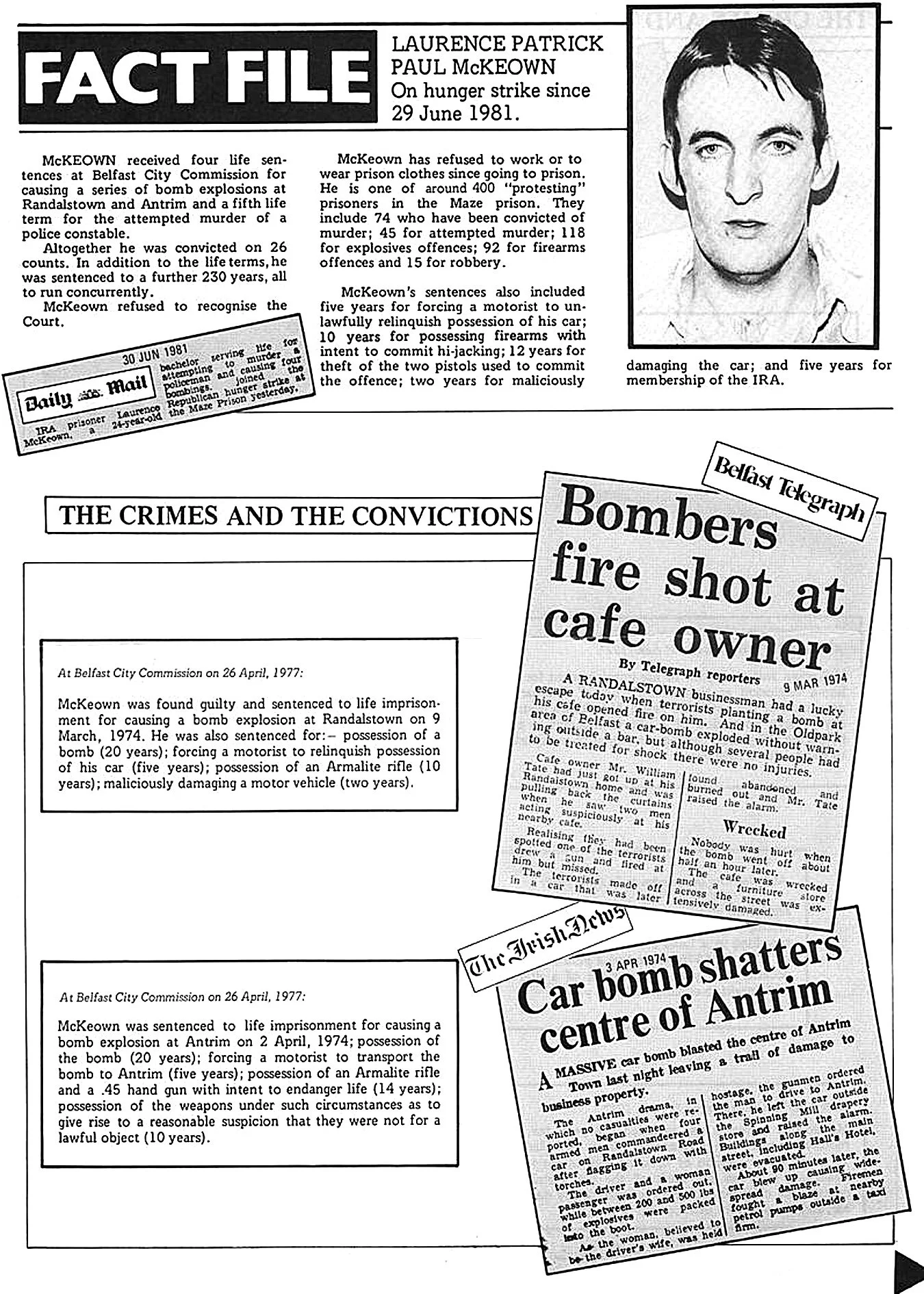 A collage of newspaper articles and text related to Laurence Patrick Paul McKeown, highlighting his criminal activities and sentencing. The articles detail convictions for bombings, firearms possession, and involvement with the IRA. Dates and headlin