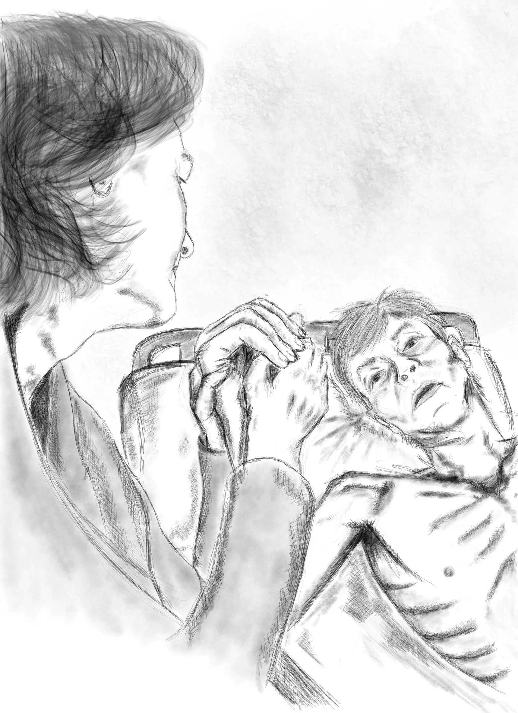 Sketch of a person in a hospital bed holding hands with another person sitting nearby