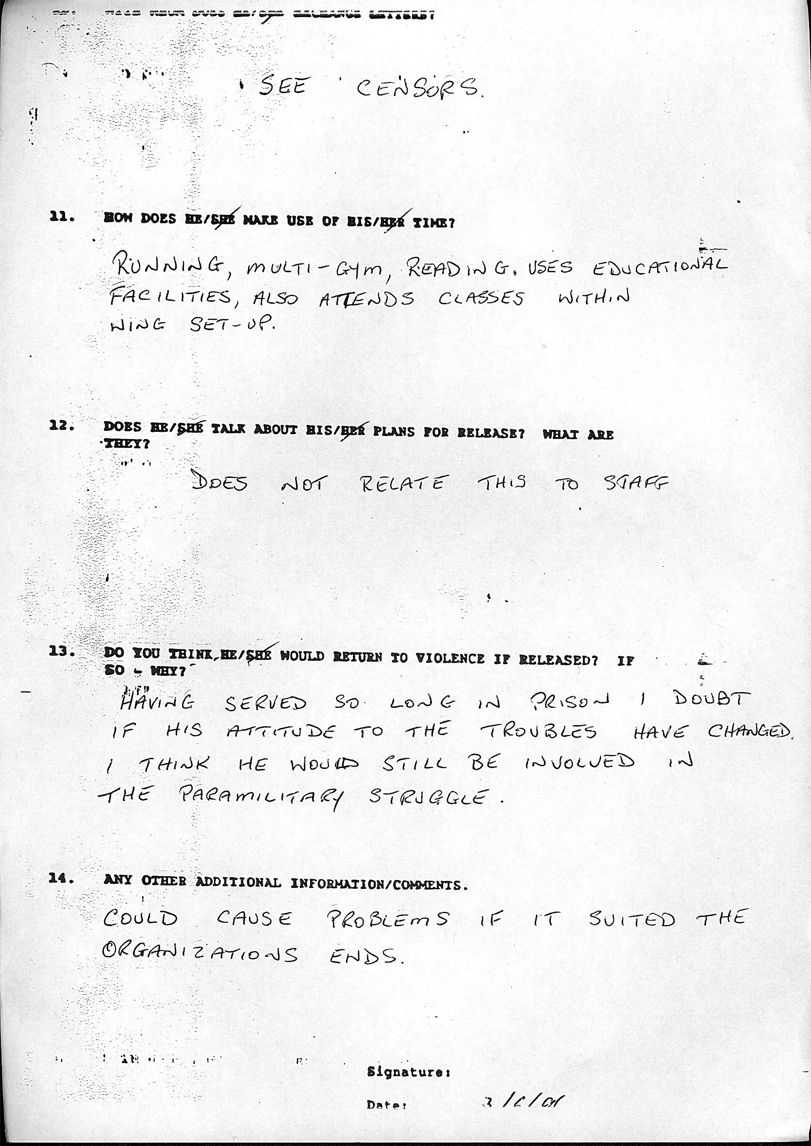 Document with text discussing use of time, plans for release, likelihood of returning to violence, and additional comments. Includes handwritten notes mentioning activities like running and reading, doubts about attitude changes, and concerns about c