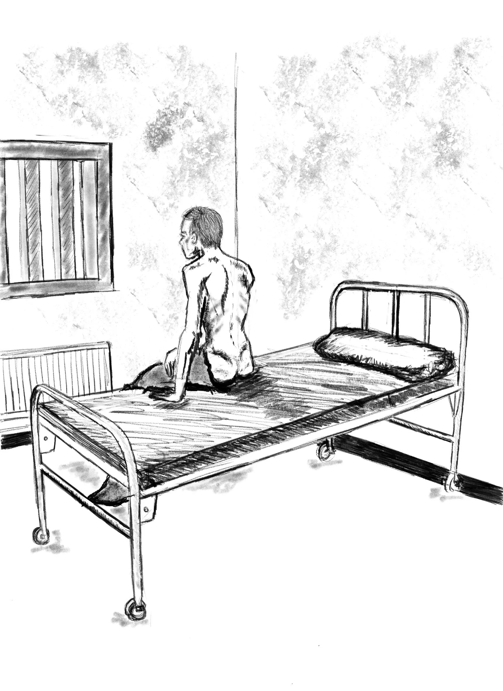 Sketch of a person sitting on a bed in a sparse room, looking towards a barred window.