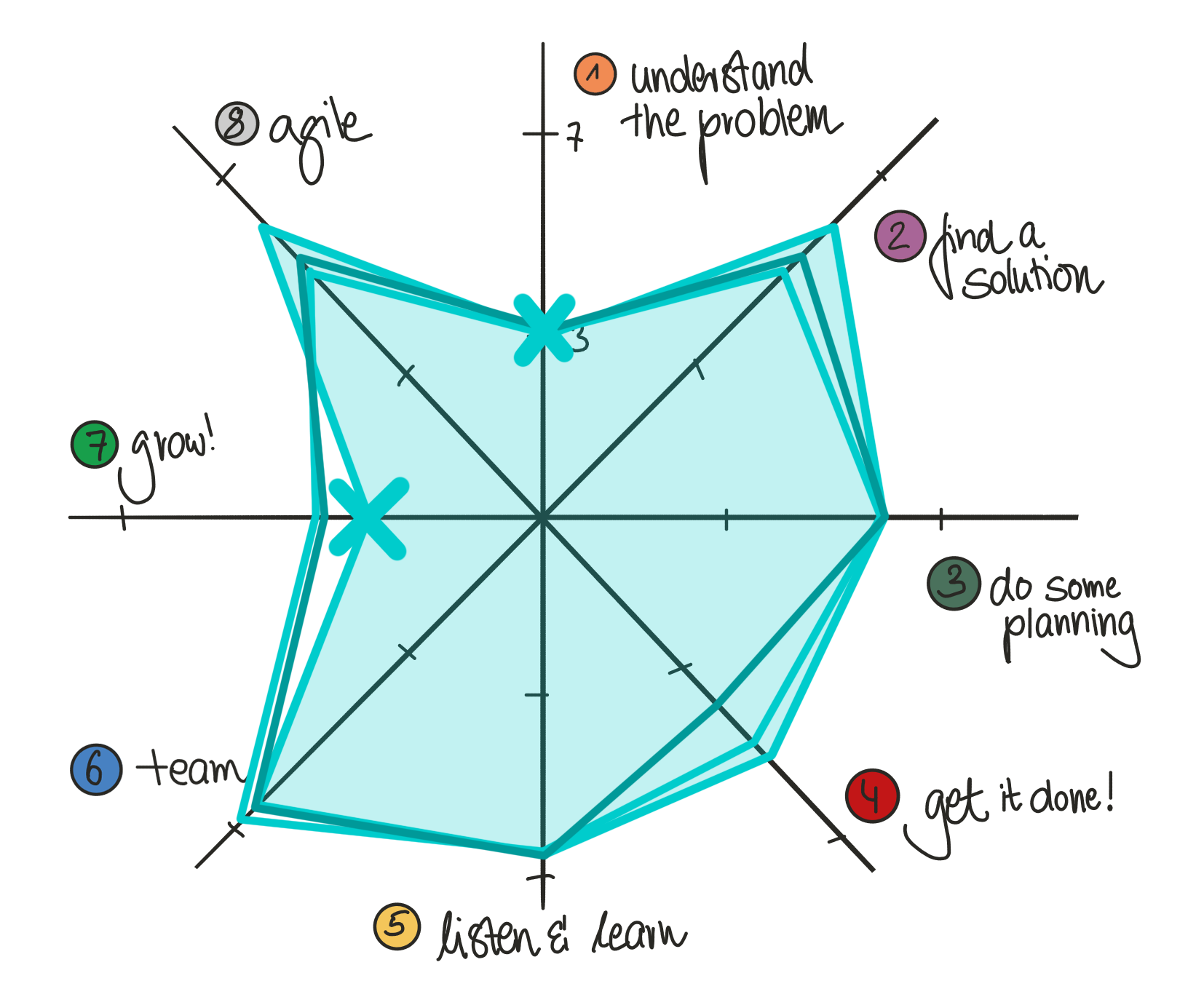 Example of a PM wheel showing a radar graph. Quadrants include understand the problem, find a solution, do some planning, get it done, listen & learn, team, grow, and agile. 