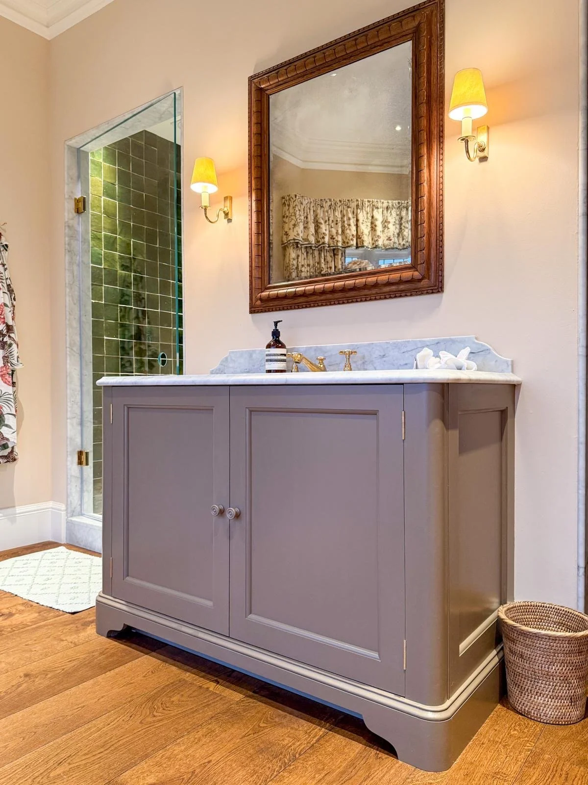 Bespoke vanity unit, painted in Farrow & Ball 'Broccoli Brown'